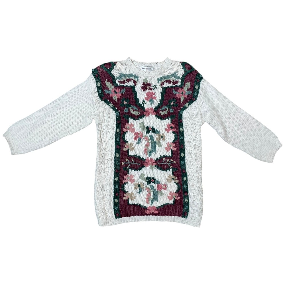 Vtg Hand Knit Sweater Women XL Floral Ramie Acrylic Long 80s Grandma Cottagecore
